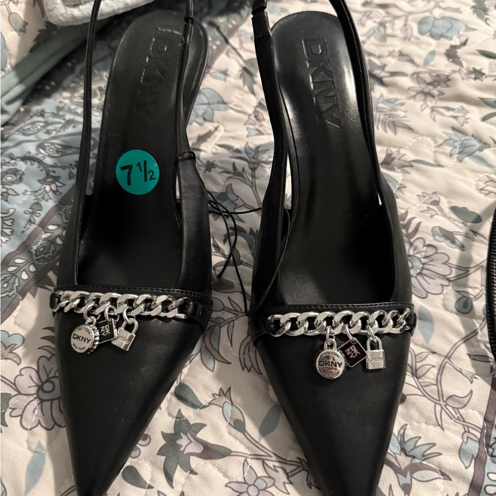 DKNY Black Heels with Silver Chain Detail